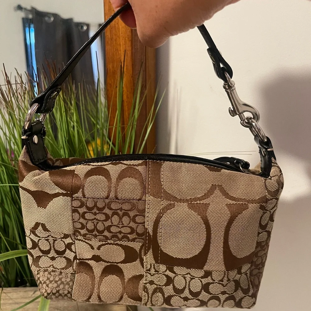 Coach Brown Signature Jacquard Shoulder Bag with Black Trim